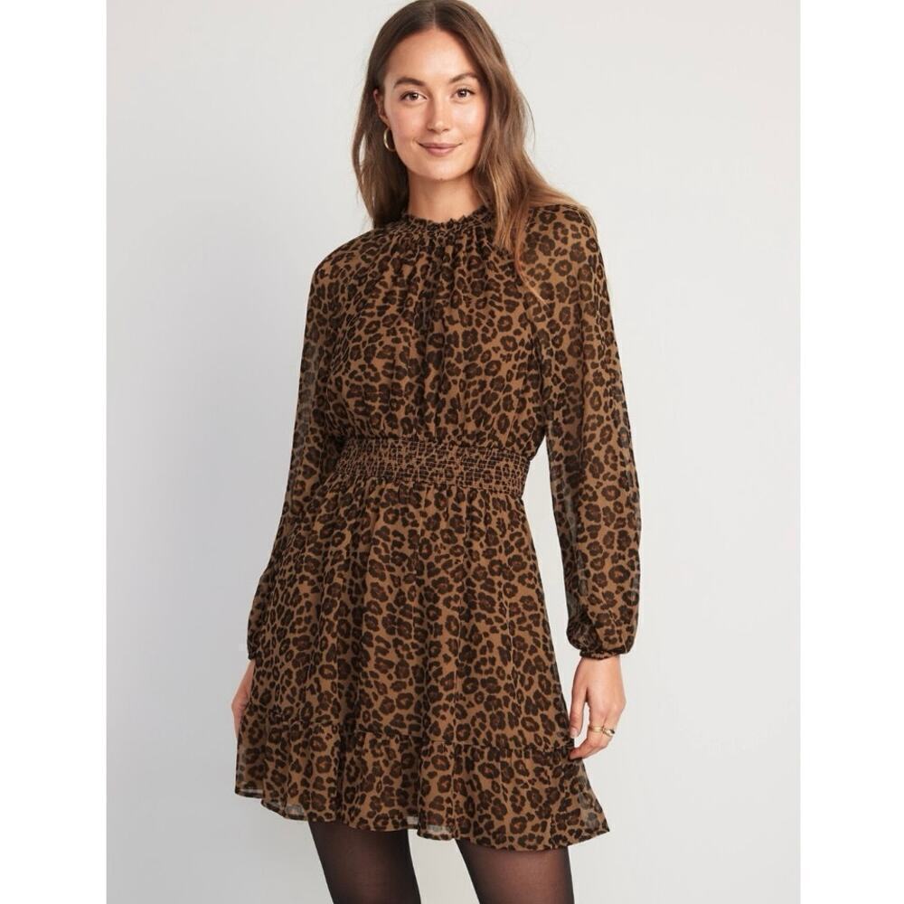 NWT Waist Defined Printed Smocked Mini Dress Leopard Sheer Long Sleeve M